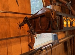 L 170 Western Iron Gun Bear 3 Light Chandelier 58" x 14" x 23" $800